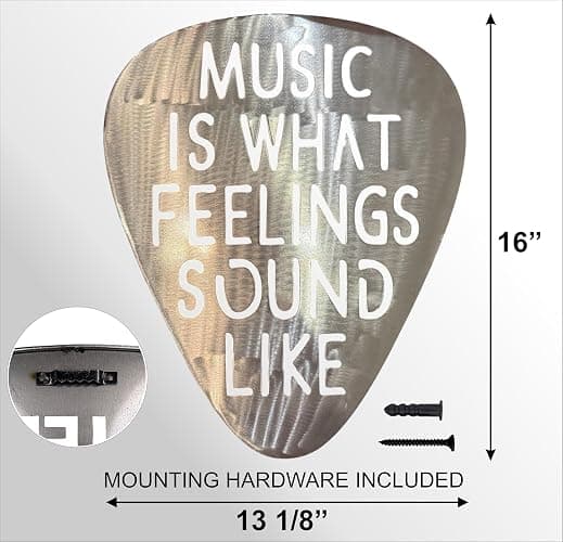 Top Brass Jumbo 16" Metal Guitar Pick Wall Art – “Music Is What Feelings Sound Like” Quote – Steel Wall Décor – Music Room, Studio, or Man Cave Art (Brushed Silver) thumbnail 2