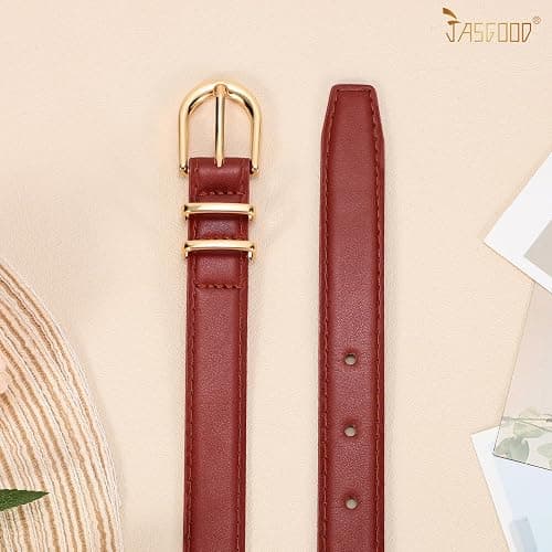 JASGOOD Women Skinny Leather Belt for Jeans Pants Fashion Ladies Thin Belt for Dress with Gold Single Prong Buckle thumbnail 7