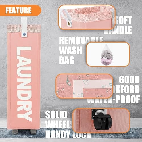 Caroeas 30" Rolling Laundry Basket Slim with Handle on Wheels, Foldable Laundry Hamper, Collapsible Laundry Bag and Organizer, Tall Thin Storage Basket Bin (Pink) - 30" Slim+ - Pink/Leather Handle thumbnail 3