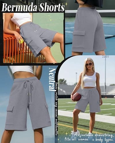 JoyMotion Women's Waffle Cargo Bermuda Shorts | Knee Length Sweatshorts, Wide Leg Shorts, with Elastic Waist Pocket, Casual Summer Clothes, Workout Lounge, Breathable Fabric thumbnail 3