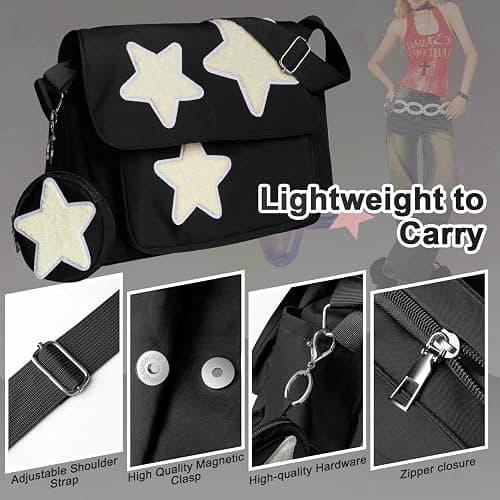 GUSTANO Y2K Messenger Bag for Women, Lightweight Spacious Stars Tote Purse with Cute Coin Purse, Crossbody Shoulder Bag thumbnail 6