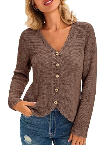 Saodimallsu Womens V Neck Cardigan Sweaters Button Up Cropped Boho Knit Long Sleeve Loose Trendy Sweater Tops thumbnail 2