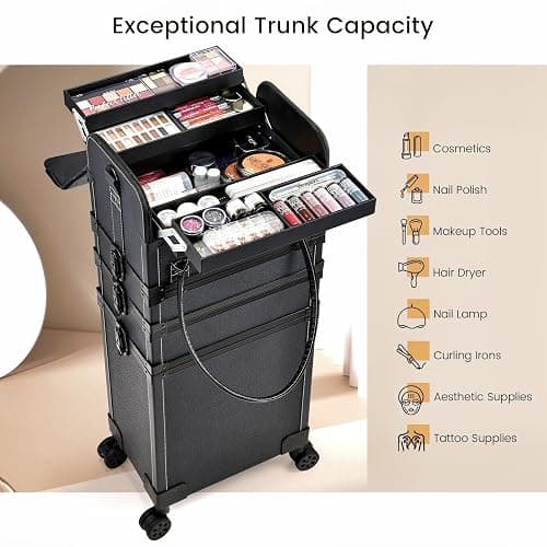 Costravio 5 in 1 Rolling Makeup Case Transformable Train Case, Black Vegan Leather Cosmetology Case on Wheels, Travel Cosmetic Storage Cases for for Hairstylist Artist Nail Beauty Salon Barber thumbnail 6