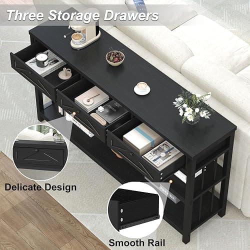 HSH Black Entryway Table with Drawers, 55” Sofa Table with Storage for Living Room, 3 Tier Console Tables with Shelves for Entrance, Wood Metal Entry Hallway Table Behind Couch, Black Oak, 55 Inch thumbnail 3