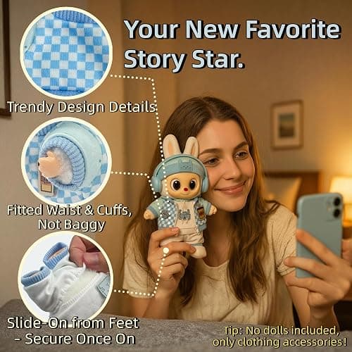 Blue Hoodie Outfit Set for 17cm / 6.69in Doll – Casual Streetwear Clothes with Headphones, Plaid Jacket, Pants and Shoes – (Doll Not Included) thumbnail 4