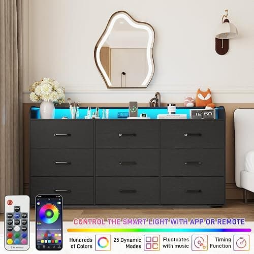 9 Drawers Dresser for Bedroom, 63" Wood Dresser with Power Outlet, LED Lights and Deep Drawers, Wide Chest of Drawers, Modern Minimalist Closet Dressers for Kids Bedroom, Living Room, Nursery, Black thumbnail 5