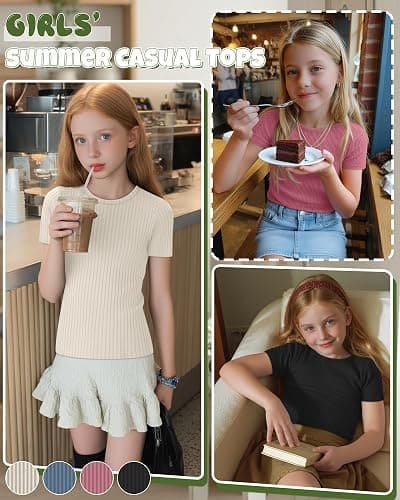 Oakgarden 4 Pack Girls T Shirts 5-14 Years Short Sleeve Ribbed Tops Crew Neck Slim Fit Summer Casual Cute Basic Tees for Kids thumbnail 4