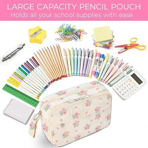 WOBAGMEN Cute Pencil Case for Girls,Large Corduroy Zippered Pencil Case Pouch, aesthetic Pencil Bag with Compartments, Soft Pencil Pouch School Supplies for Teen Girls Boys and Women(pink floral) thumbnail 5