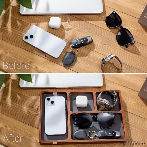 Men's Wooden Valet Tray with Leather Lining Nightstand Organizer, EDC, Catchall Tray - Key Tray, Phone Storage,Valet Tray for Men (Wood) thumbnail 6