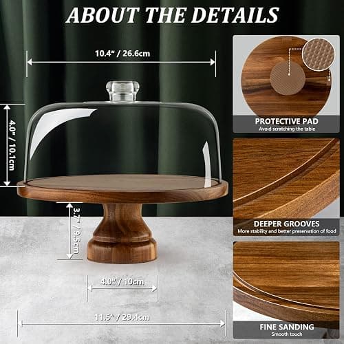 ANBOXIT Cake Stand with Dome Lid, Acacia Wood Cake Plate with Cover, Wooden Cake Display Stand with Acrylic Dome - Footed thumbnail 3