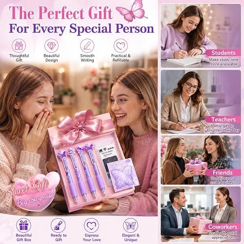 Eloxomer Cute Purple Butterfly Gel Pens Set, 4 Pack Retractable 0.5mm Black Ink Writing Pens with 10 Refill & Sticky Notes for School, Office, Gifts for Girls, Students & Friends thumbnail 3