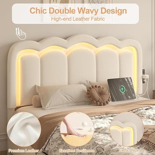 Queen Bed Frame with 4 Storage Drawers, Adjustable Wavy Headboard, White | PU Upholstered Princess Platform Bed with RGB LED Lights and Charging Station, Metal Slats Support, No Box Spring Needed thumbnail 5