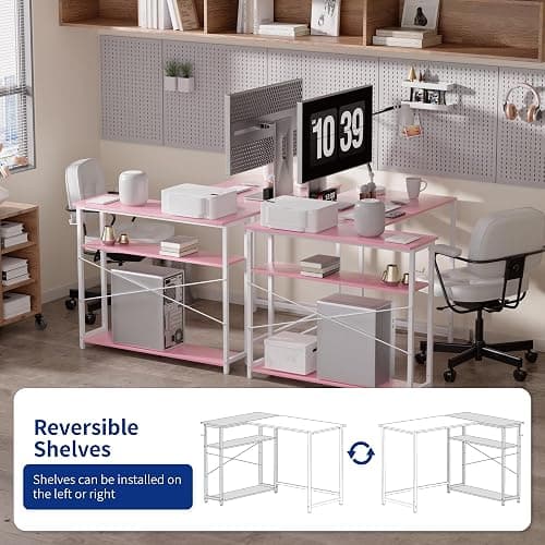 Pamray 43 Inch L Shaped Computer Desk with Reversible Side Storage Shelves, Small Corner Desk for Small Space Home Office,Writing Study Table PC Desk for Bedroom,Pink with White Leg thumbnail 5