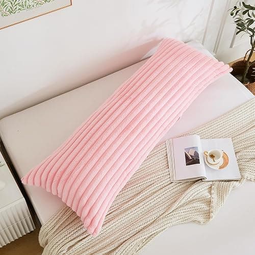 Memfydu Full Body Pillow with Fluffy Stripe Faux Fur Removable Cover, Long Bed Pillow Adult 20x54 Inches for Side Sleeper and Pregnancy, Pink. thumbnail 3