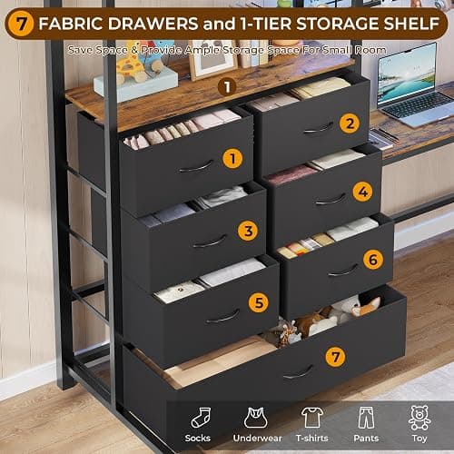 DICTAC Twin Loft Bed with L-Shaped Desk and 7 Storage Drawers,Metal Twin Size Loft Bed for Kids with LED Lights and Charging Station,13.11" H Safety Guardrail and Ladder,No Box Spring Needed, Black thumbnail 4