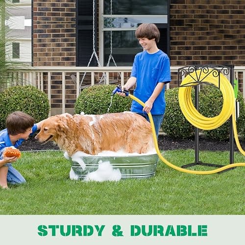 TomCare Garden Hose Holder Upgraded Heavy Duty Metal Water Hose Holder Holds 160 FT Hoses Sturdy Hose Reel with 2 Tool Hooks Freestanding Outdoor Hoses Storage Hanger for Outside Yard Lawn, Black thumbnail 2