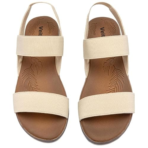 Veittes Women's Casual Flat Slide Sandals - Adjustable Elastic Strappy Double Bands Summer Flat Sandals - Image 1
