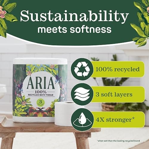 Aria 100% Recycled Toilet Paper, 24 Rolls, 3-Ply Soft Bath Tissue, Paper Packaging thumbnail 2