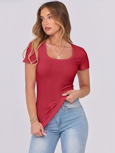 ANRABESS Women Short Sleeve Tops Scoop Neck Ribbed Knit Slim Fitted Basic Tee Shirts 2025 Casual Summer Trendy Clothes - Red - X-Small thumbnail 7