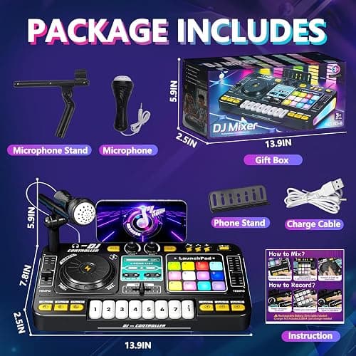 Tsomtto Kids DJ Mixer Table Musical Toy with Lights & Bluetooth | Electronic Music Toy with Microphone Piano, DJ Mixer Controller Toys Birthday Christmas Gifts for 3 4 5 6 Year Old Boys Girls thumbnail 2