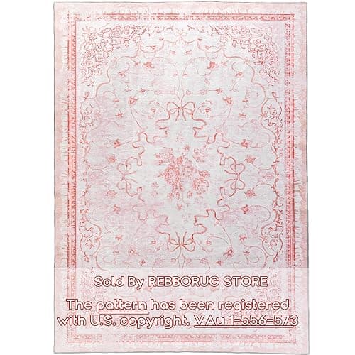 Pink Rug for Nursery Girl Bedroom 5x8 - Cute Bow Coquette Room Decor for Teen Girls Aesthetic,Washable Light Pink and White Cottage Core Floral Scalloped Rug for Dorm Room College Students Playroom thumbnail 2