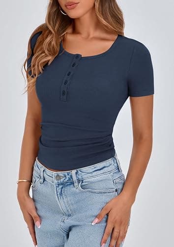 PRETTYGARDEN Women's 2025 Fall Summer Short Sleeve Tops Ribbed Henley Button Slim Fit Basic Casual T Shirts Blouse Clothing thumbnail 7