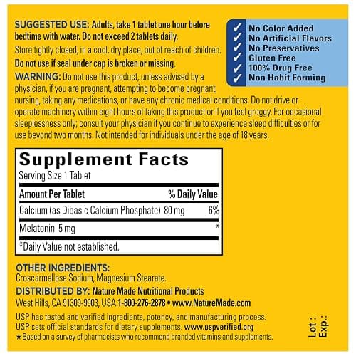 Nature Made Melatonin 5mg Tablets Extra Strength, 100% Drug Free Sleep Aid for Adults, 90 Tablets, 90 Day Supply thumbnail 6