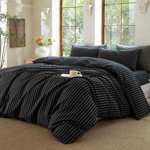 BESTDESIL Striped Duvet Cover Set 100% Washed Cotton Linen Like Soft Feelling Breathable Bedding(Strip-Black/White,King) thumbnail 3