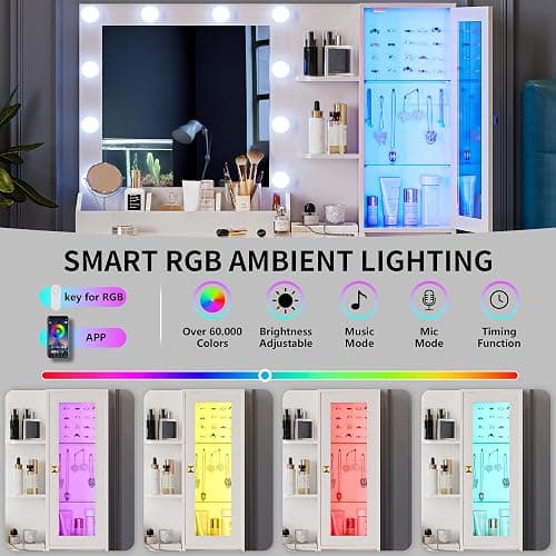 Vanity Desk with Mirror and Lights, Makeup Vanity Table Set with 5 Storage Drawers, Power Outlet & Chair, Small Dressing Table with RGB Ambient Light, Adjustable Brightness for Girls Bedroom, White thumbnail 4
