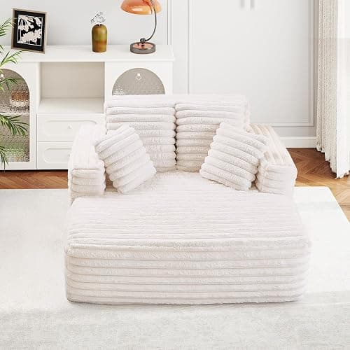 JEEOHEY 56" Oversized Chaise Lounge Chair Indoor,Plush Faux Fur Sleeper Sofa Couch Bed with Pillows&Wide Armrests,Fluffy Comfy Cloud Couch,Compression Foam Couch for Living Room,Bedroom(Beige) thumbnail 9