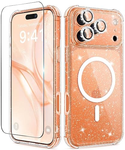 BERFY for iPhone 17 Pro Case for Women, Compatible with MagSafe, Clear Glitter Shockproof Protective Case, Anti-Yellowing, with Screen Protector & 3 Diamond Camera Lens Covers 6.3", Sparkle Clear - Image 1