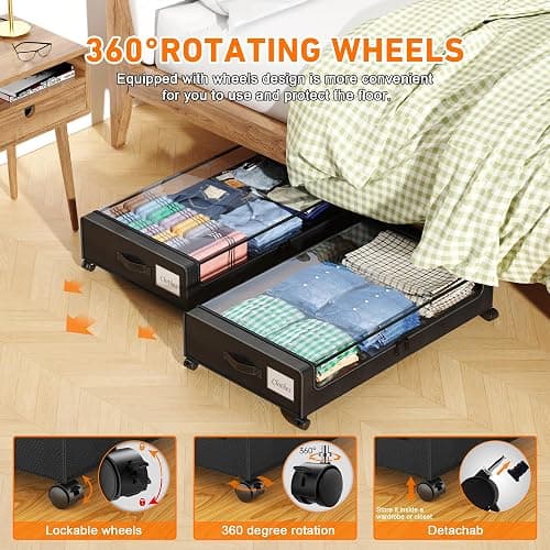 Under Bed Storage with Wheels, 2 Pack Under Bed Storage Containers with Clear Lids, XXL 65L Under Bed Storage Organizer, Rolling Under Bed Metal Drawer for Blanket, Clothes, Shoes (31 x 17 x 6.69 in) thumbnail 4