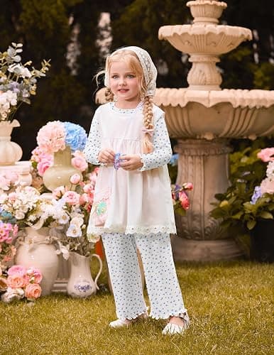 Arshiner Toddler Girl Clothes Fall Outfit Ribbed Lettuce Trim Tops Pant Set | for 2-10 Years Kids, 2 Piece, Long Sleeve, Crew Neck, Floral Wide Leg Pants Sets, Cute Casual Fashion Outfit thumbnail 5
