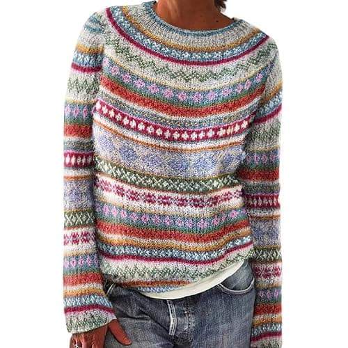 Womens Knitted Fair Isle Print Retro Sweater Long Sleeve Crewneck Ugly Christmas Fall Fashion Clothing 2025 - Image 1