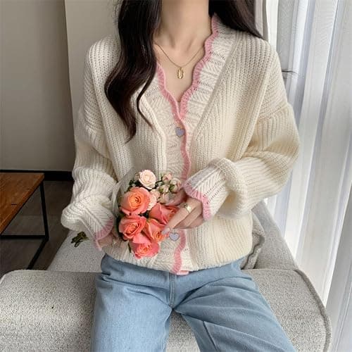 FindThy Women’s Cute Cardigan Sweater Kawaii V-Neck Long Sleeve Heart Button Color-Blocked Knit Outerwear thumbnail 5