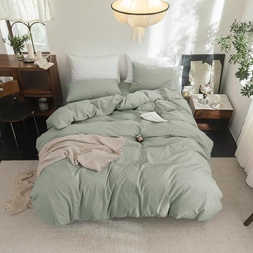 FOSSA Duvet Cover Set 100% Washed Cotton Linen Feel Super Soft Breathable Cozy 3 Pieces Bedding Sets Solid Sage Green Full/Double thumbnail 4