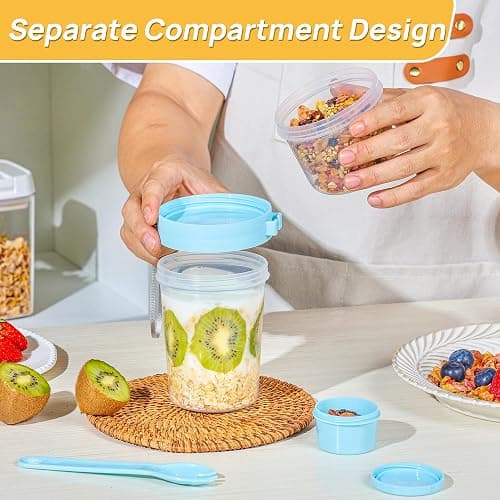 Vtopmart 4 Pack 27oz Yogurt Parfait Cups with Lids and Spoons, Overnight Oats Containers, Reusable Topping Compartment for Breakfast with Yogurt, Cereal or Oatmeal On-the-Go thumbnail 6