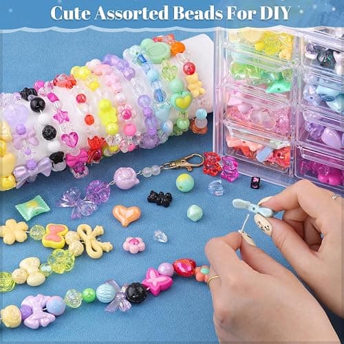 TINKRSTUFF Assorted 500-550PCS 8 Mixed Colors Acrylic Beads for Bracelet Making, Flower Bow Butterfly GummyBear Aesthetic Bracelet Bead,Cute Beads for Jewelry Making DIY Necklace Keychain Phone Charm thumbnail 4