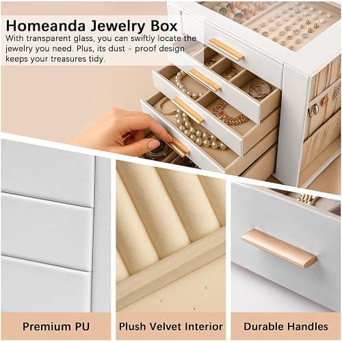 Homeanda Jewelry Box for Women with Glass Lid, 5 Drawers Jewelry Organizer and Storage for Necklaces, Rings, Earrings, Bracelets, Gift for Girls and Teens,PU Leather (White) thumbnail 5