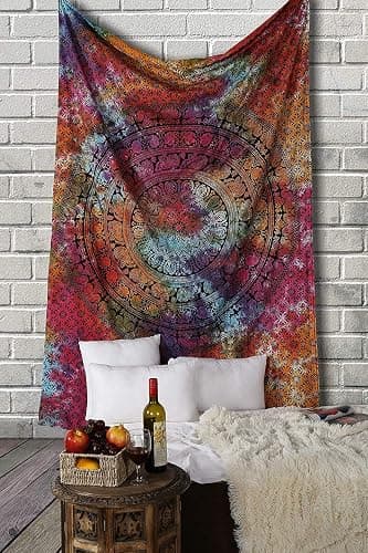 RAJRANG Indian Mandala Tie Dye Tapestry Wall Hanging Elephant Hippie Beach Throw Bohemian Living Room Decor Small Medallion Tapestries Boho Bedspread Multicolor - 60 x 50 Inches - Image 1