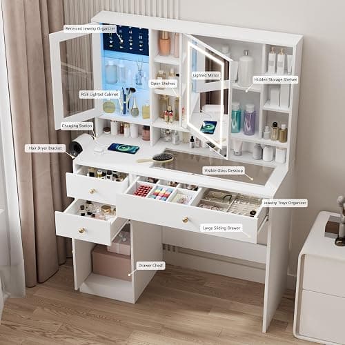 Wodeer Makeup Vanity Desk with Mirror and Lights, White Vanity with Glass Top, Jewelry Storage, Power Outlets, 3 Drawers & 2 Cabinets, Adjustable LED Lighting, Dressing Table for Women & Girls Bedroom thumbnail 2