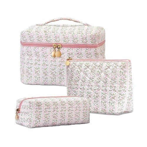 Teiniuby 3Pcs Quilted Pink Floral Makeup Bag Cosmetic Bag for Women Teen Girls,Cute Flowers Make Up Bags,Aesthetic Large Cotton Cosmetic Pouch,Flower Coquette Travel Toiletry Organizer Storage Bag - Image 1