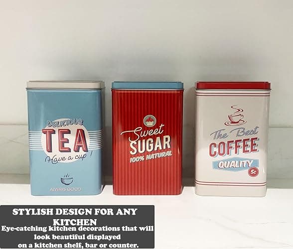 Almineez Retro Set of 3 Stainless Steel Tea Coffee Sugar Jar Canisters Kitchen Container Tins Storage Organiser Set Air Tight Vintage Design thumbnail 8