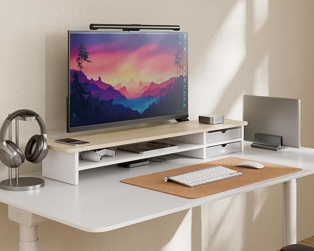 Fenge Dual Monitor Stand Riser with 2 Acrylic Storage Drawer 108cm Large Monitor Stands for PC/Laptop/Fax/Printer/TV Screen, Whole Piece Board, Oak+White thumbnail 2