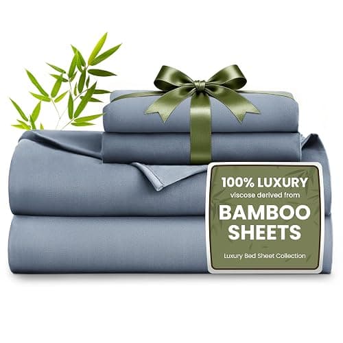 Love's cabin 4 Piece Full Size Sheet Set, 100% Rayon Derived from Bamboo, Cooling & Breathable, Soft Silky Deep Pocket up to 16", Hotel Luxury Bedding for Hot Sleepers, Bluish Grey - Image 1