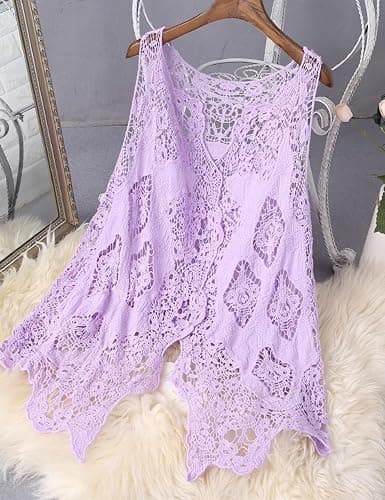 Flygo Women's Open Front Cotton Crochet Lace Boho Hippie Butterfly Vest Cardigan Coverup Sleeveless Irregular Hem thumbnail 2