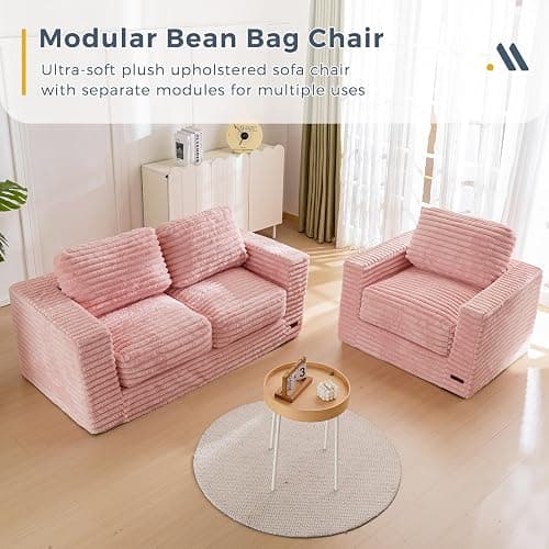 MAXYOYO Bean Bag Chair, Two-seat Bean Bag Sofa with Pillows and Armrests for Adults, Upholstered Loveseat Floor Sofa Couch Fluffy Chair Bean Bag Couch for Bedroom Living Room, Pink thumbnail 5