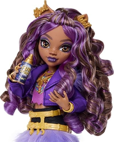 Monster High Doll, Clawdeen Wolf in Purple Moto Jacket and Furry Skirt with Pet Wolf Pup Crescent and 7 Accessories Like Book, Croissant and Purse thumbnail 3