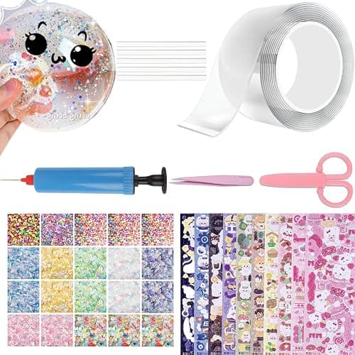 40 Pcs Nano Bubble Tape Kit with Balloon Inflator, Double Sided Tape Plastic Bubbles Balloon, Elastic Nano Bubble Tape DIY Craft Kit for Girls, Boys, Kids Party Favors and Novelty Toys - Image 1