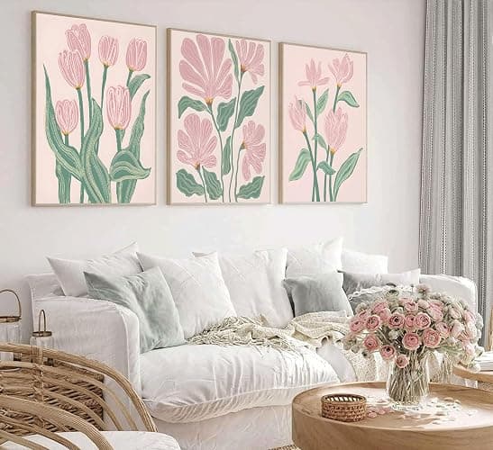 3 Pcs Pink Tulips Flowers Canvas Wall Art Boho Pink and Green Abstract Floral Botanical Paintings Pictures Wall Decor Poster Print Artwork for Living Room Bedroom Home Decoration Unframed thumbnail 3